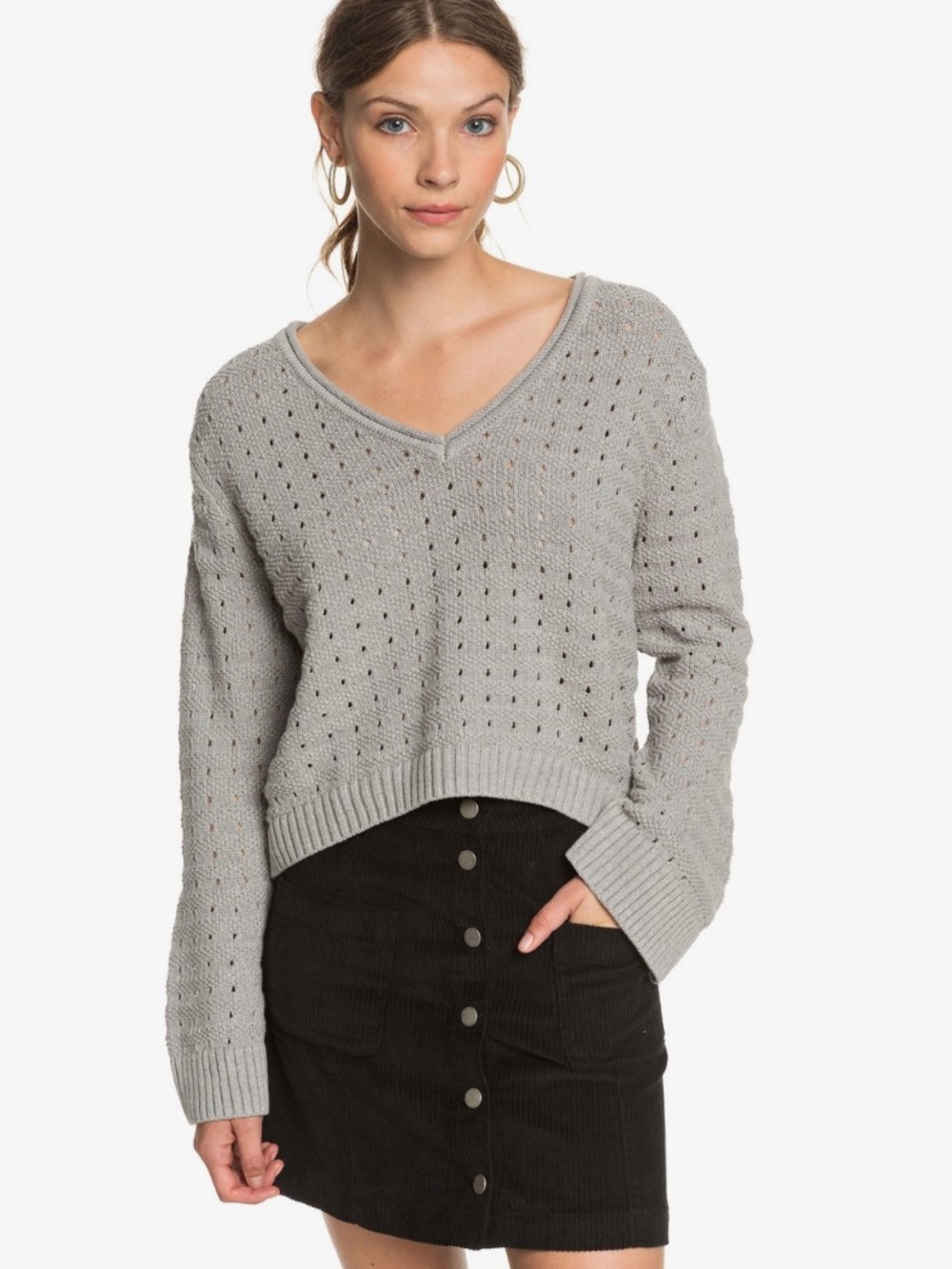 Roxy Light Gray V-Neck Open-Knit Sweater